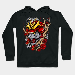 colorful tiger head in samurai helmet surrounded Hoodie